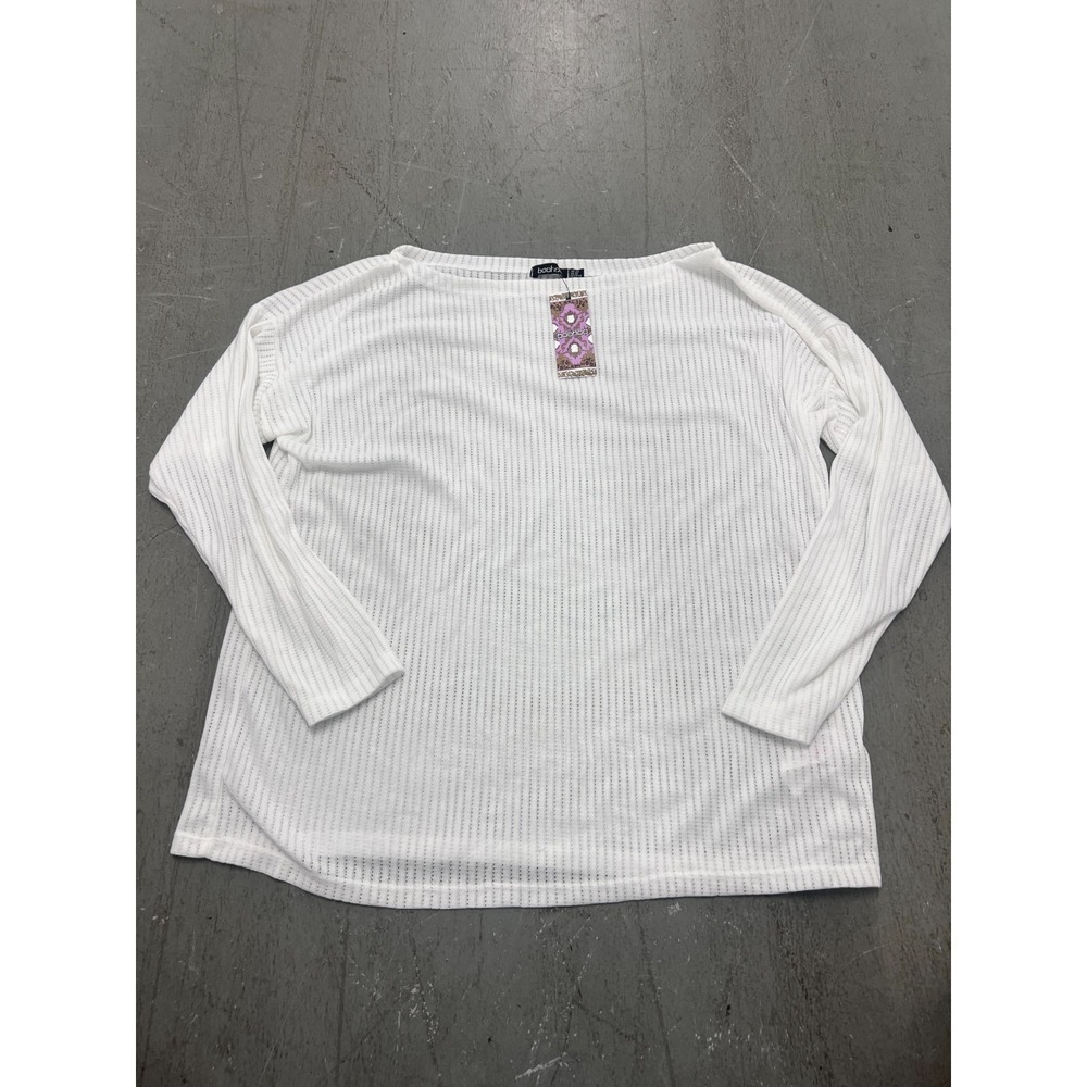 Boohoo Shirt Womens 16 White Open Knit Long Sleeve Boat Neck Everyday Wear NWT